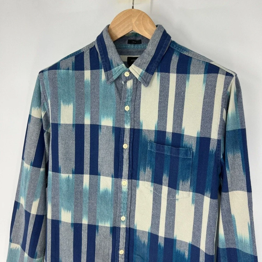 J.Crew Slim Button Down Dress Shirt Mens Size M Cotton Aztec Blue Flannel Pocket